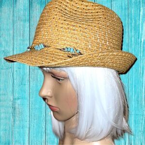 Cute straw fedora with turquoise beaded band!
